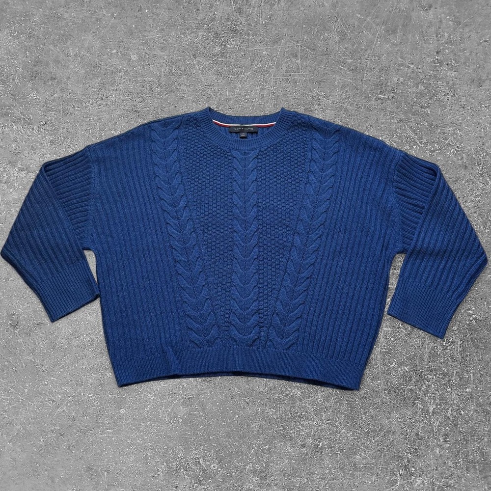 Tommy Hilfiger Mens Blue Cable Knit Acrylic Sweater Size L Crew Neck Preppy